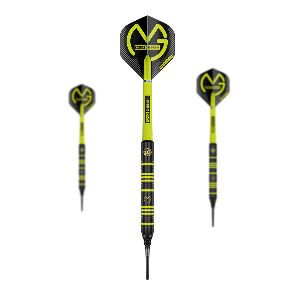 Das Bild zeigt drei Softdarts des Modells "Winmau Michael Van Gerwen MvG Ambition" mit einem Gewicht von 20 g. Die Darts sind schwarz-gelb gestaltet und tragen das MvG-Logo auf den Flights.